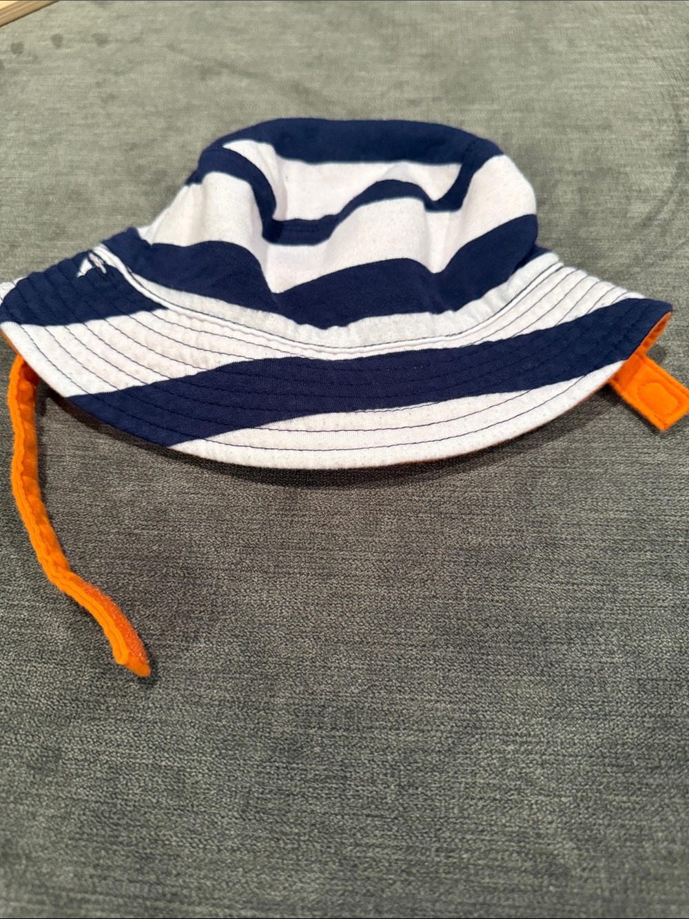 Striped Navy & White Kids Hat with Orange Chin Strap
